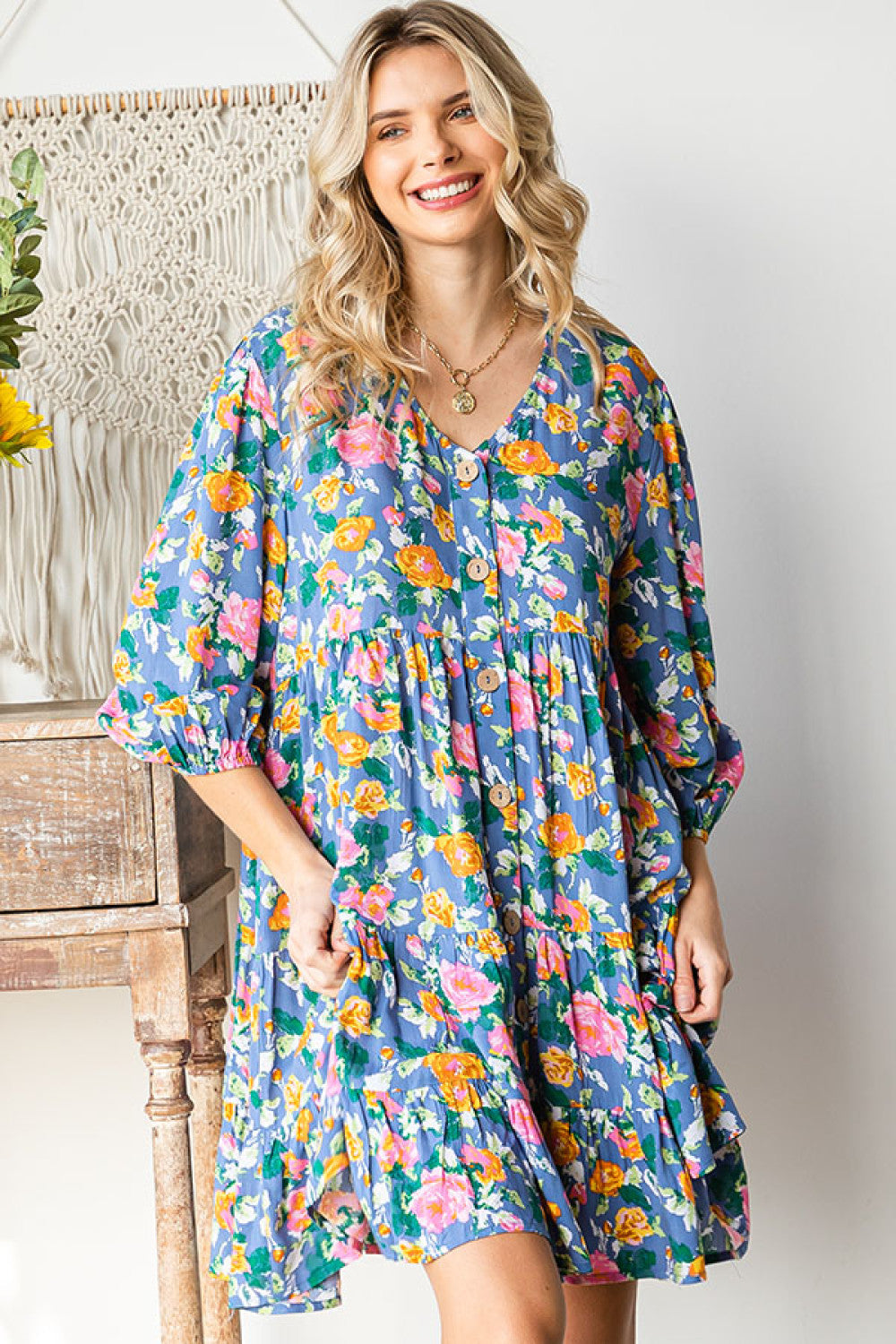 First Love Cotton Floral Button Down 3/4 Sleeve Tiered Dress