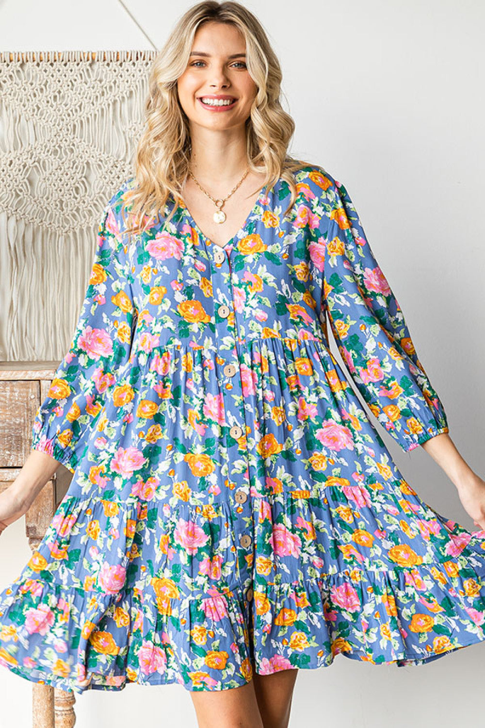 First Love Cotton Floral Button Down 3/4 Sleeve Tiered Dress