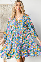First Love Cotton Floral Button Down 3/4 Sleeve Tiered Dress