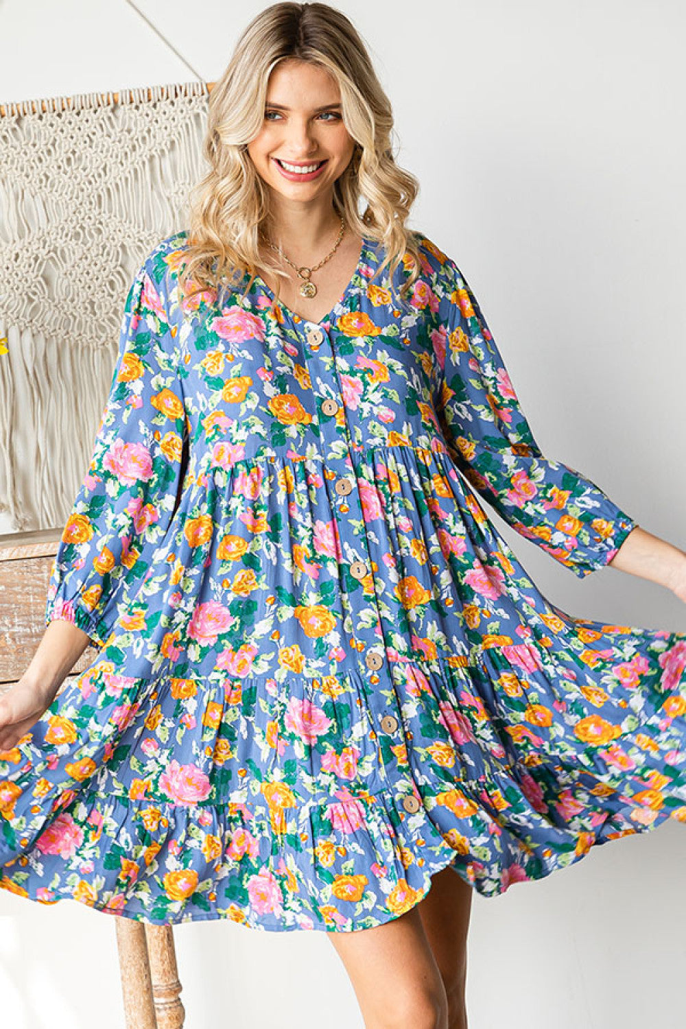 First Love Cotton Floral Button Down 3/4 Sleeve Tiered Dress