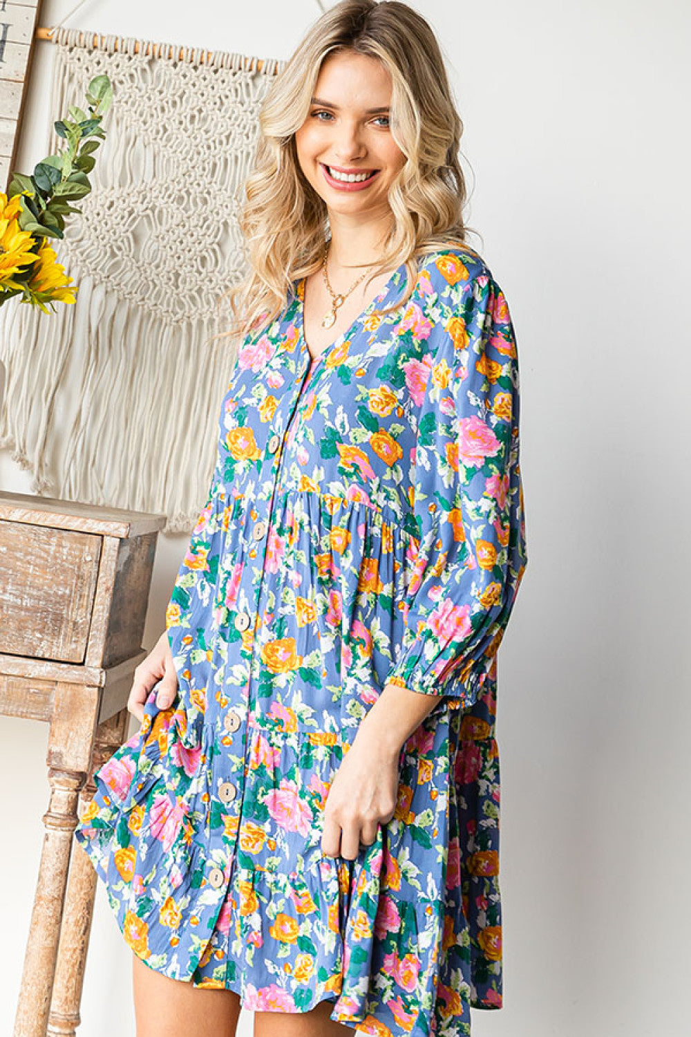 First Love Cotton Floral Button Down 3/4 Sleeve Tiered Dress
