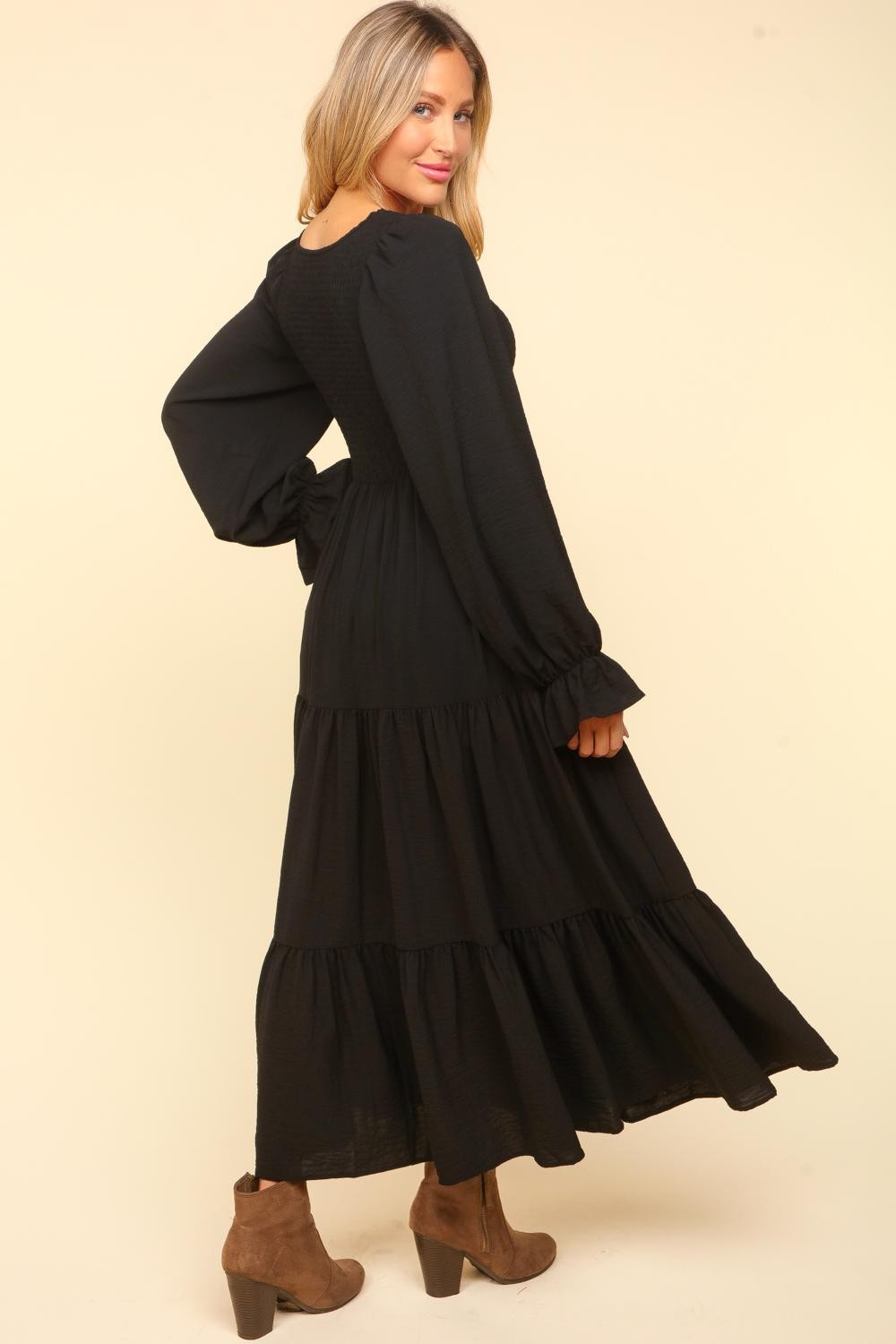 Haptics Smocking Maxi Woven Dress with Side Pockets in Black Ave Shops