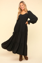 Haptics Smocking Maxi Woven Dress with Side Pockets in Black Ave Shops