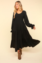 Haptics Smocking Maxi Woven Dress with Side Pockets in Black Ave Shops