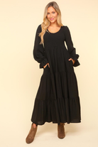 Haptics Smocking Maxi Woven Dress with Side Pockets in Black Ave Shops