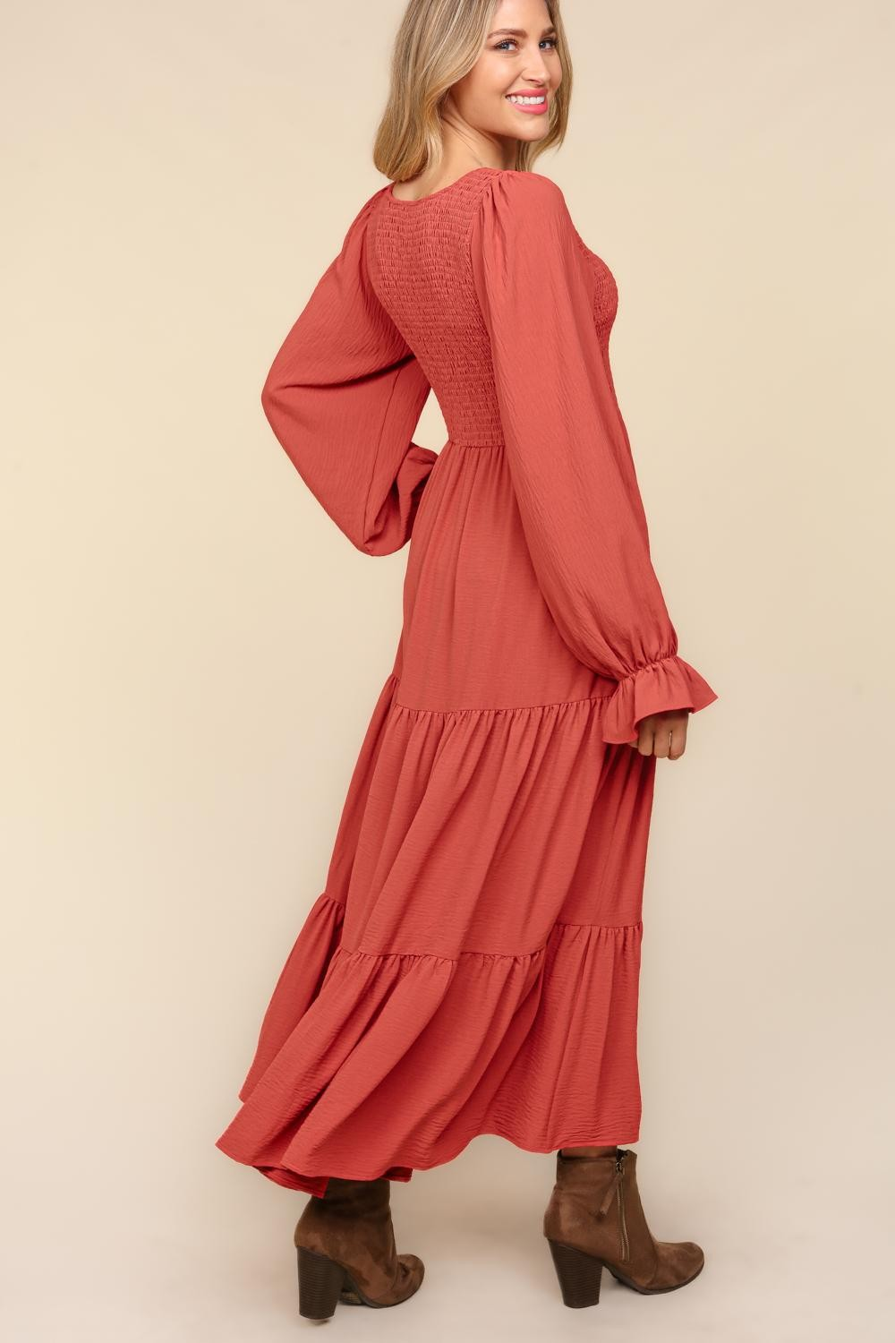 Haptics Smocking Maxi Woven Dress with Side Pockets in Marsala Ave Shops