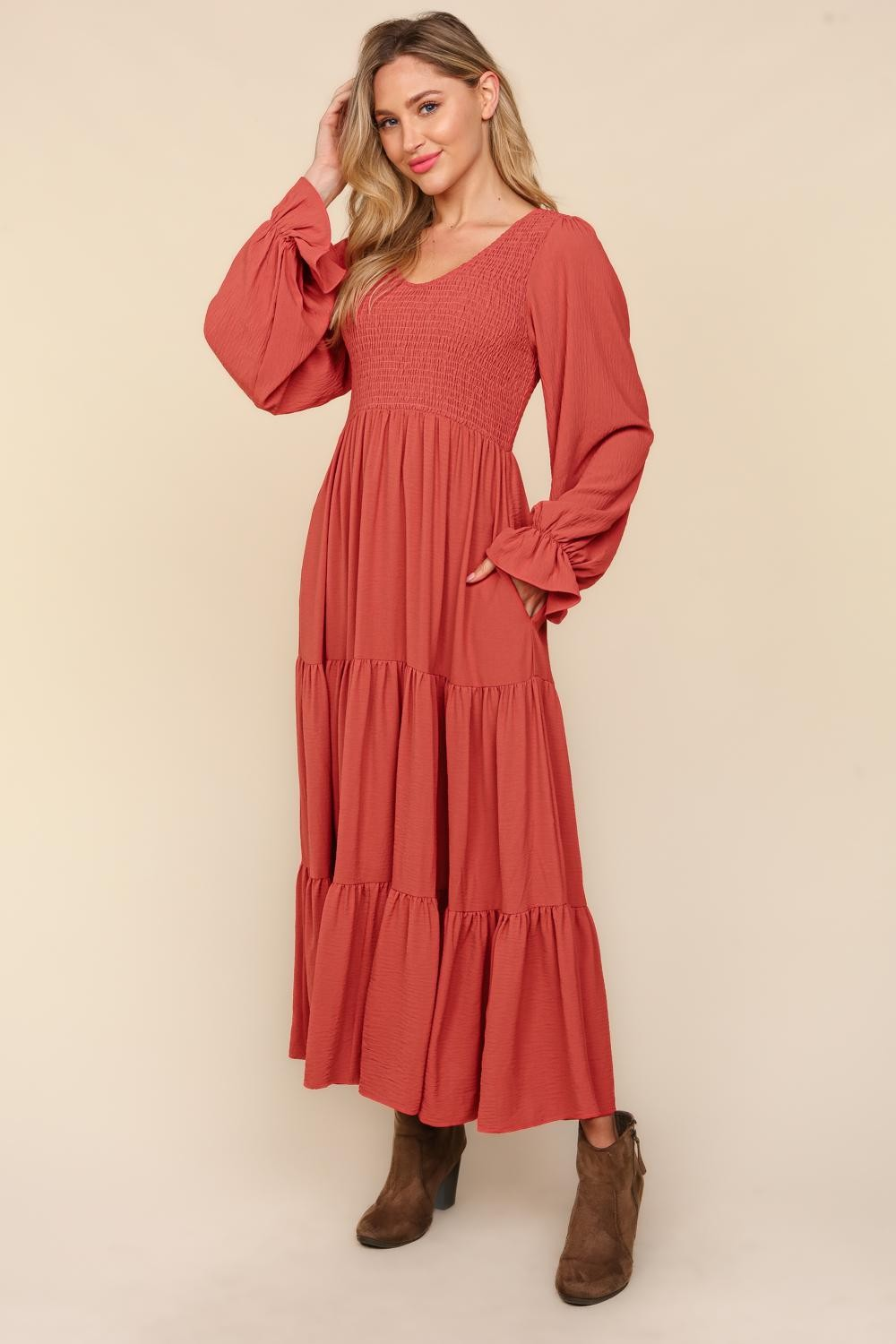 Haptics Smocking Maxi Woven Dress with Side Pockets in Marsala 1XL Ave Shops