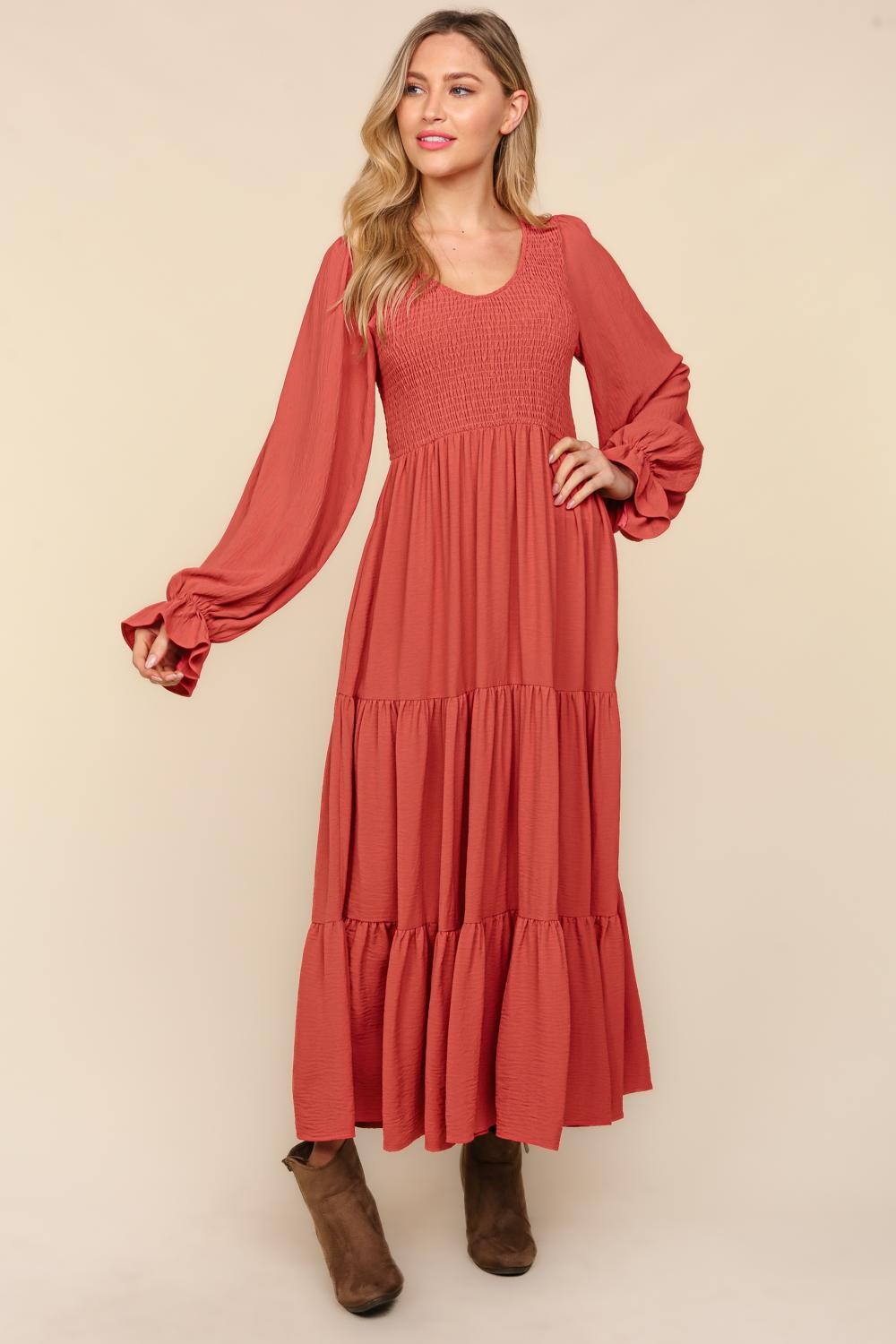 Haptics Smocking Maxi Woven Dress with Side Pockets in Marsala Ave Shops