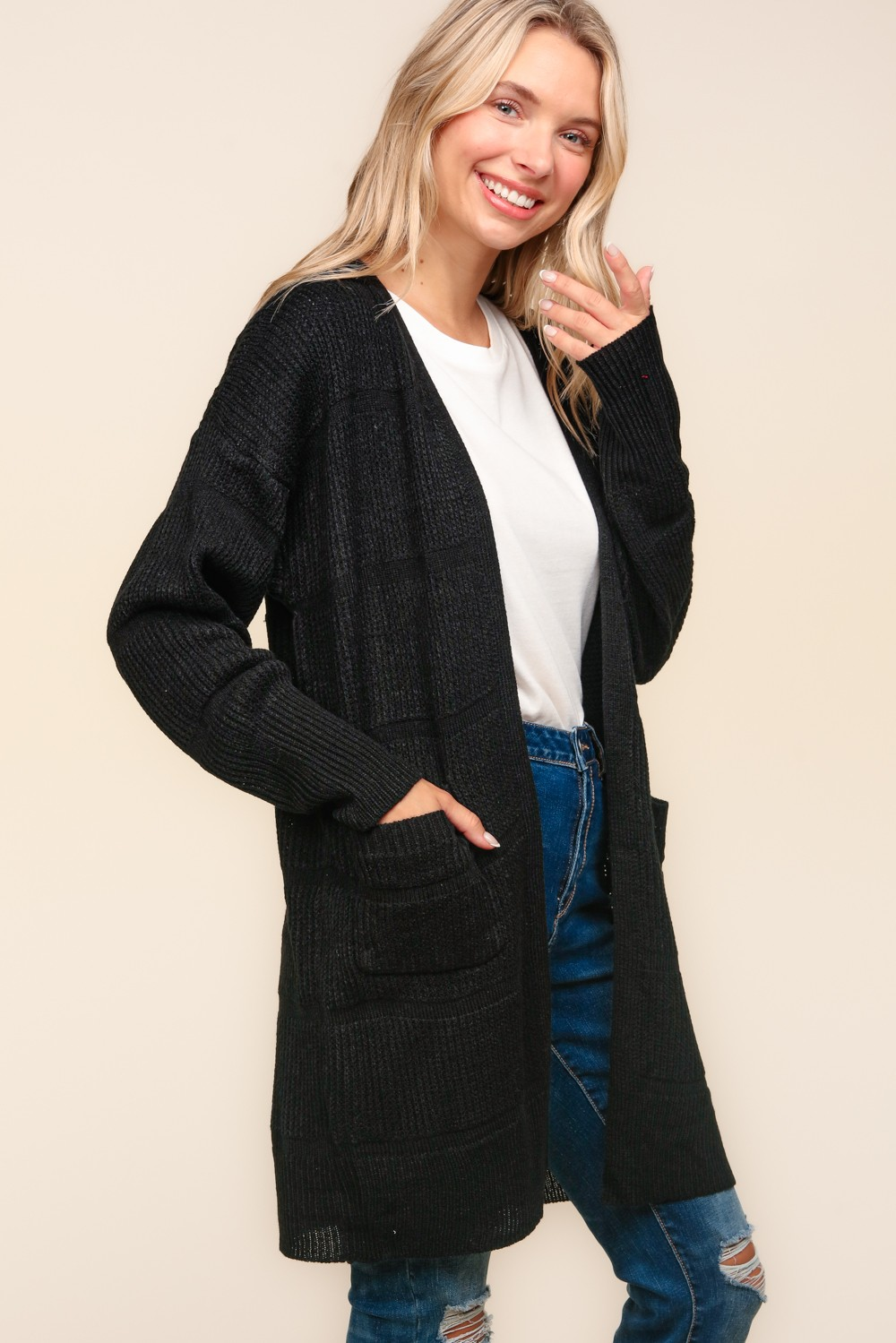 Haptics Stripe Textured Open Cardigan with Pockets in Black Womens
