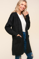 Haptics Stripe Textured Open Cardigan with Pockets in Black Womens