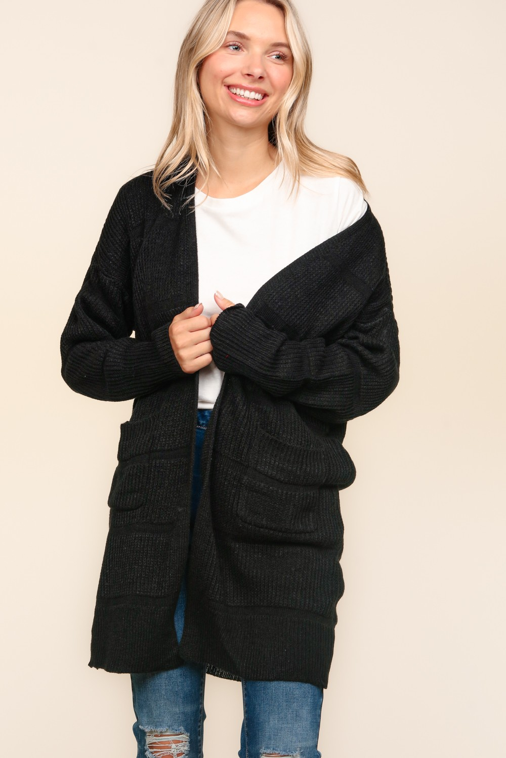 Haptics Stripe Textured Open Cardigan with Pockets in Black Womens