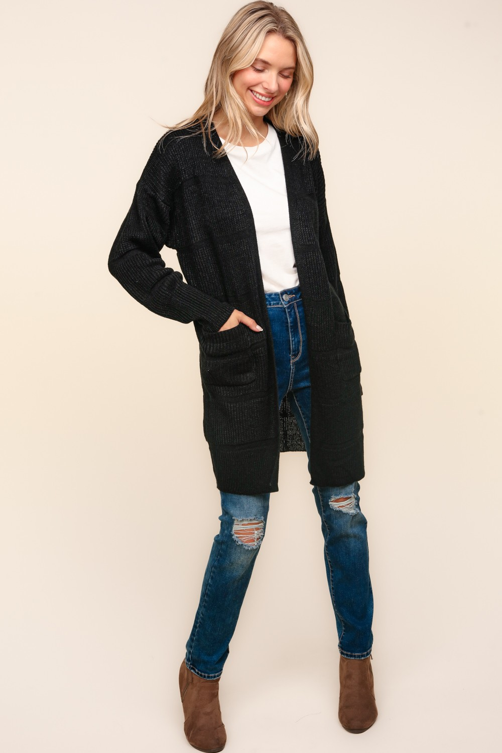 Haptics Stripe Textured Open Cardigan with Pockets in Black Womens