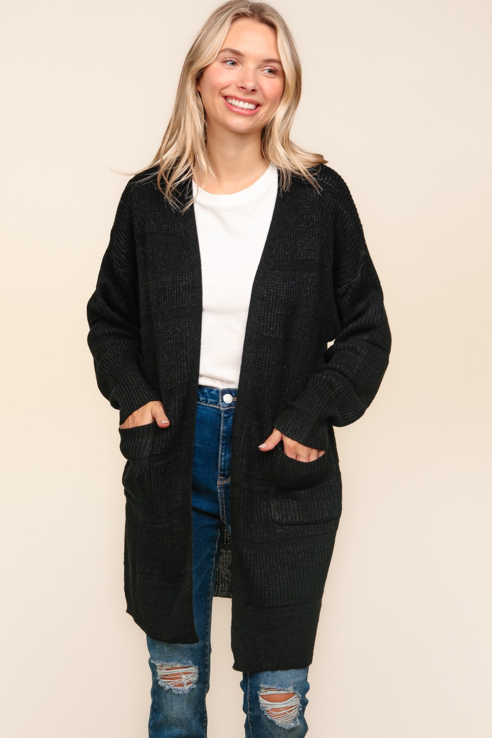 Haptics Stripe Textured Open Cardigan with Pockets in Black Womens