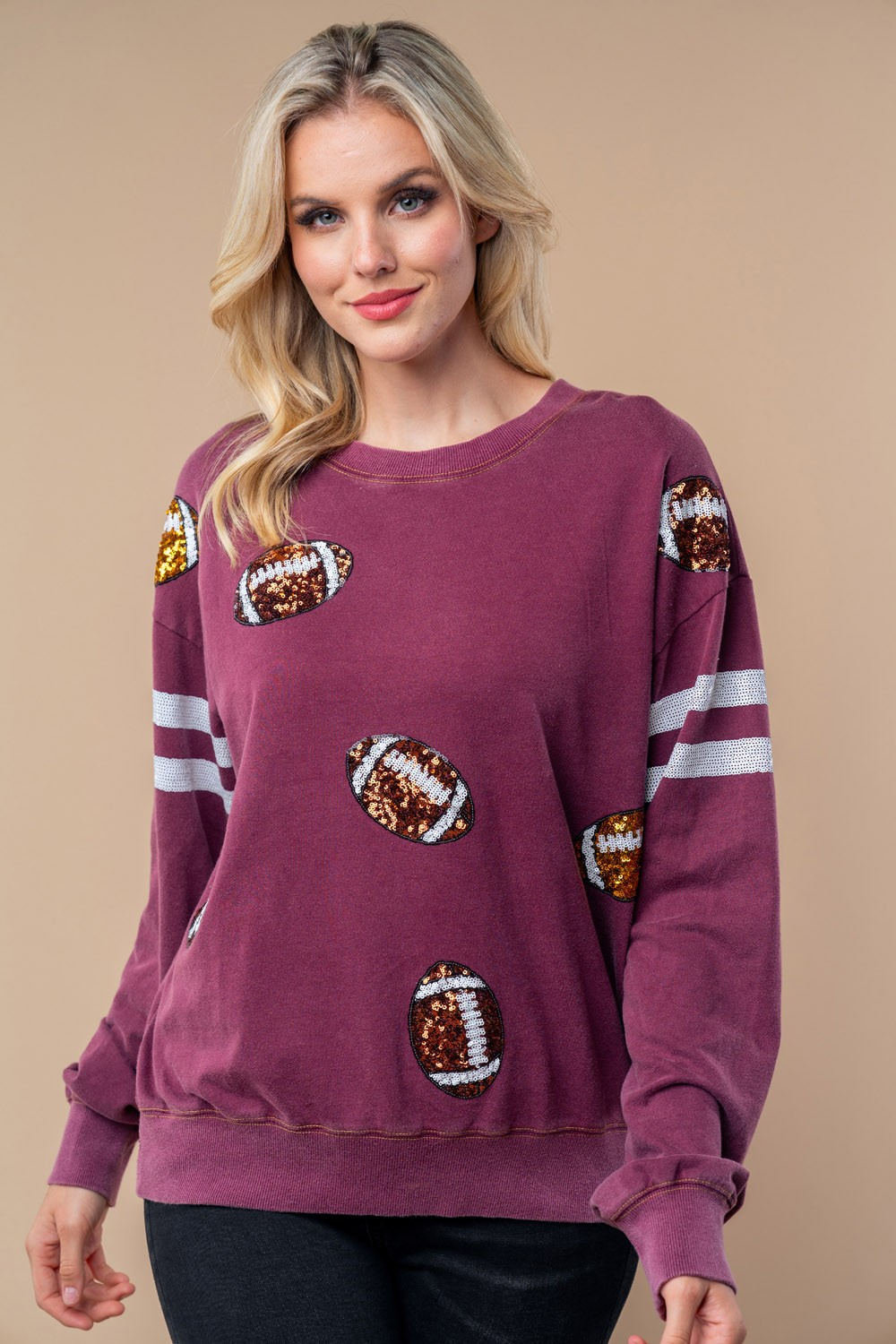 White Birch Sequin Football Long Sleeve Knit Top Shirts & Tops