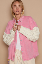 POL Punch Pink & Ivory Contrast Sweater Sleeve Button Down Shacket Ave Shops