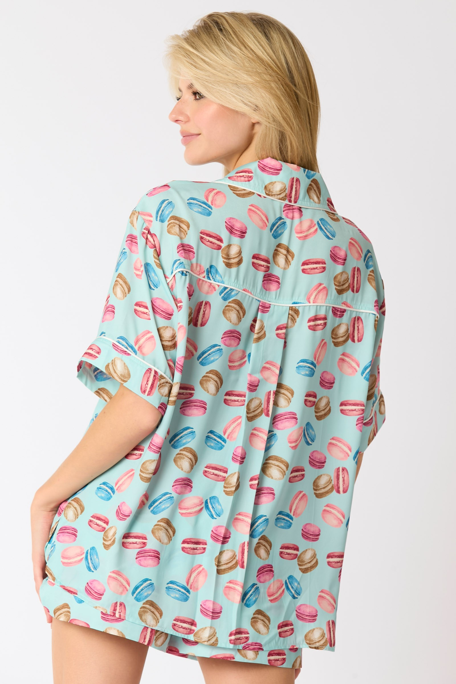 Peach Love Poly Satin Macarons Printed Pajama Shirt Ave Shops