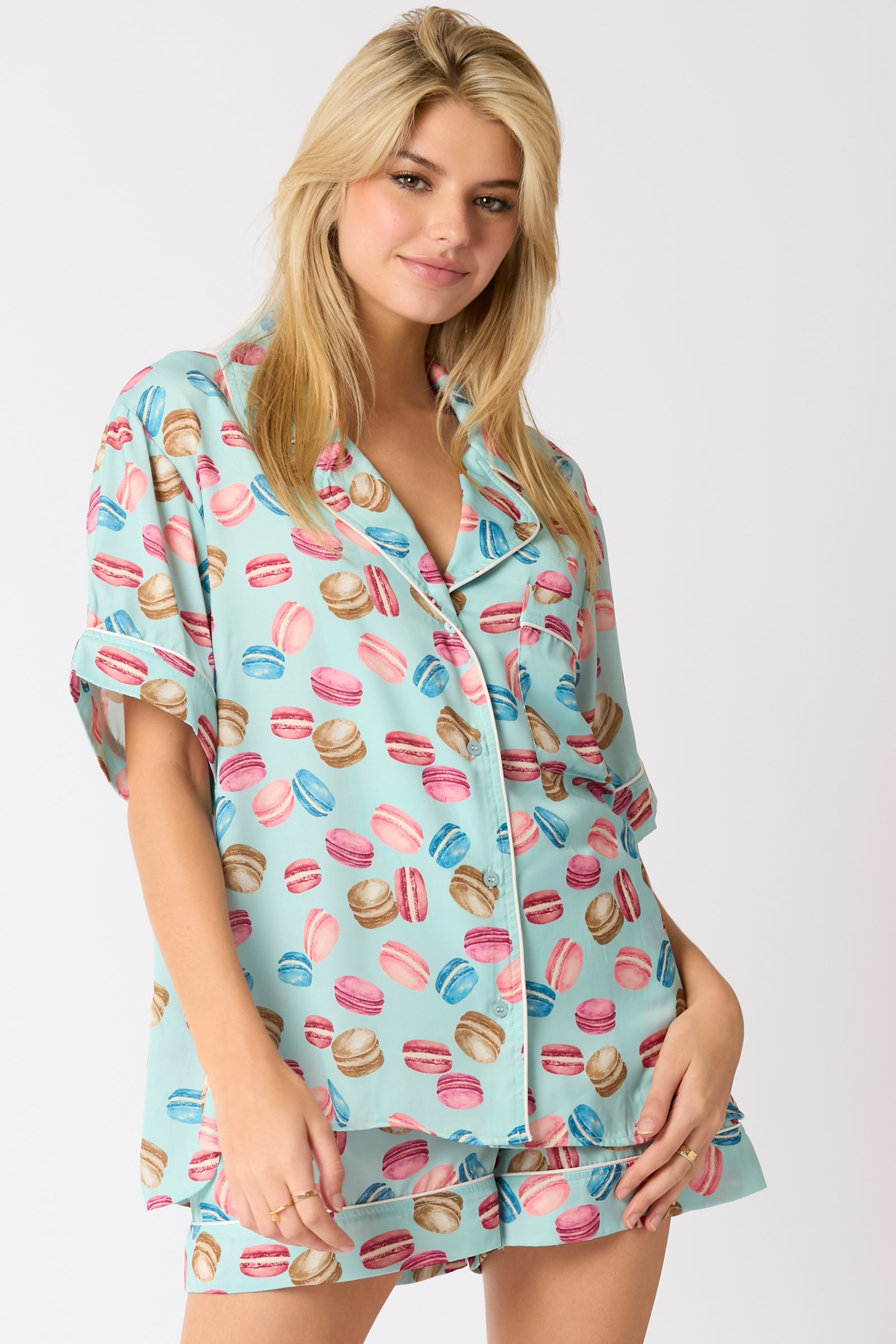 Peach Love Poly Satin Macarons Printed Pajama Shirt Ave Shops