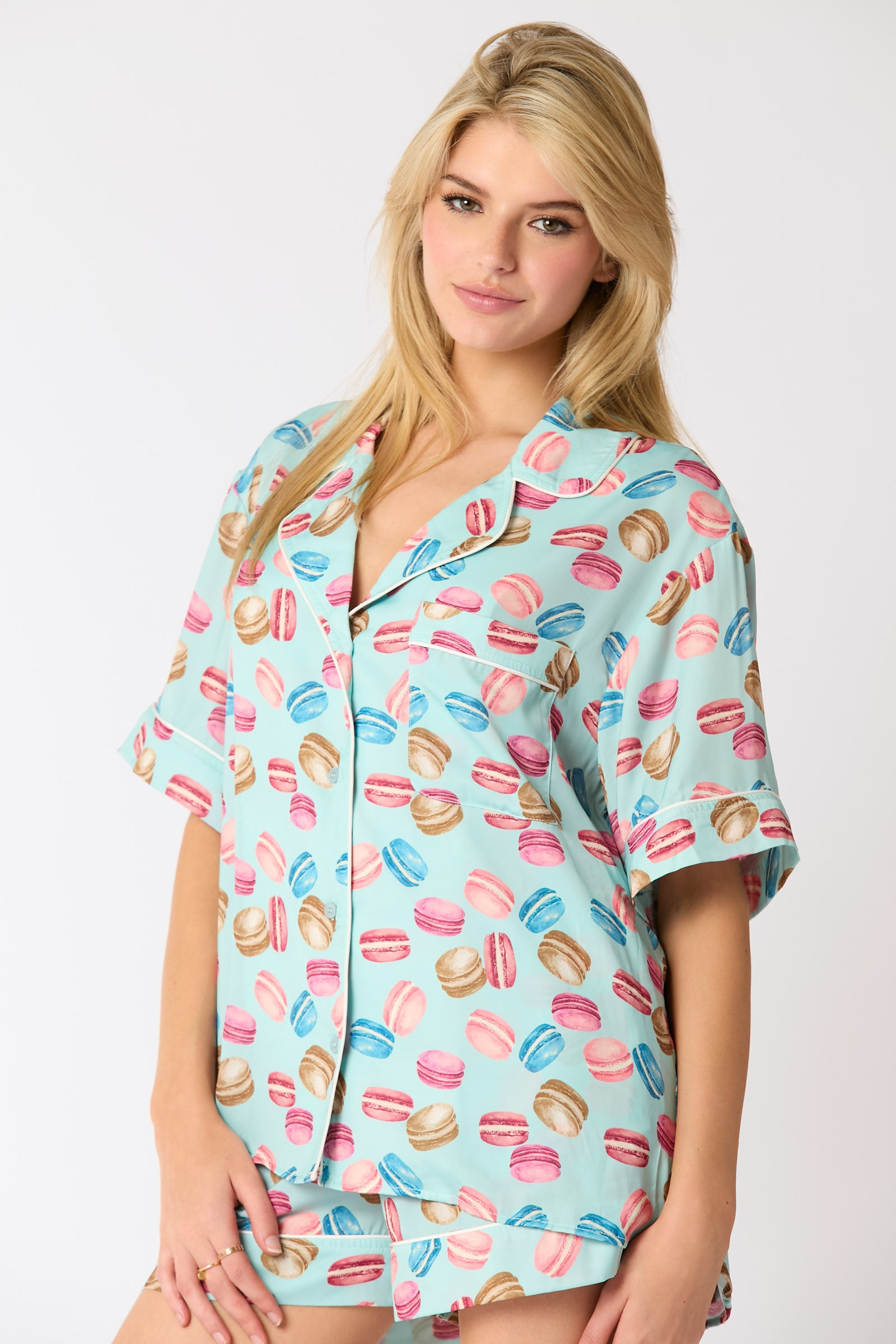 Peach Love Poly Satin Macarons Printed Pajama Shirt Ave Shops