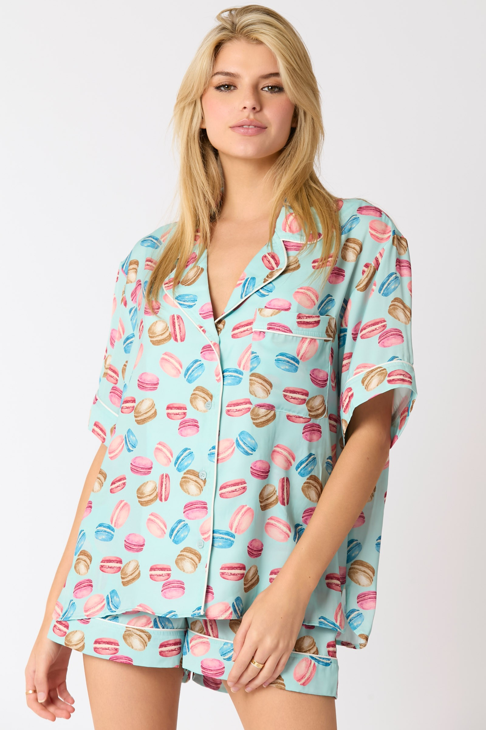 Peach Love Poly Satin Macarons Printed Pajama Shirt Ave Shops