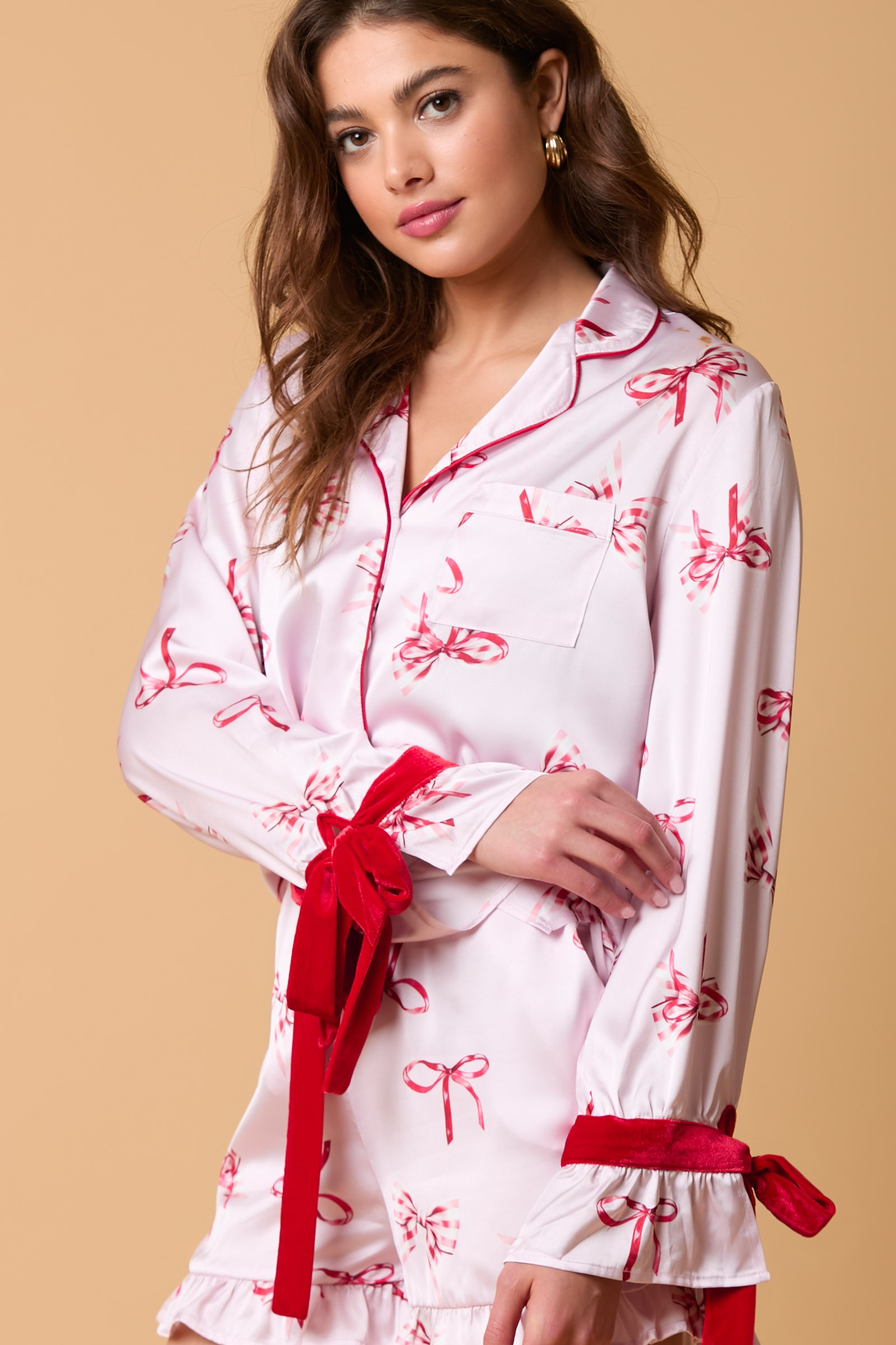 Peach Love Satin Pajama Top with Bow on the Cuffs Ave Shops