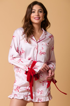 Peach Love Satin Pajama Top with Bow on the Cuffs Ave Shops