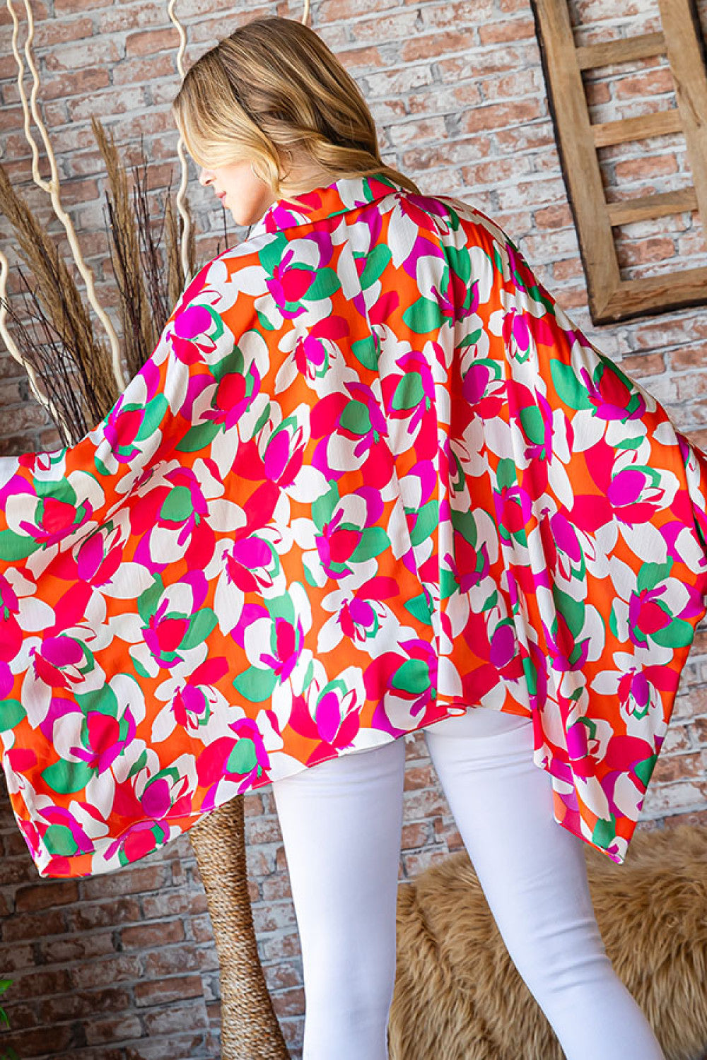 First Love Multicolor Floral Abstract Button-Down Bat Wing Sleeve Top