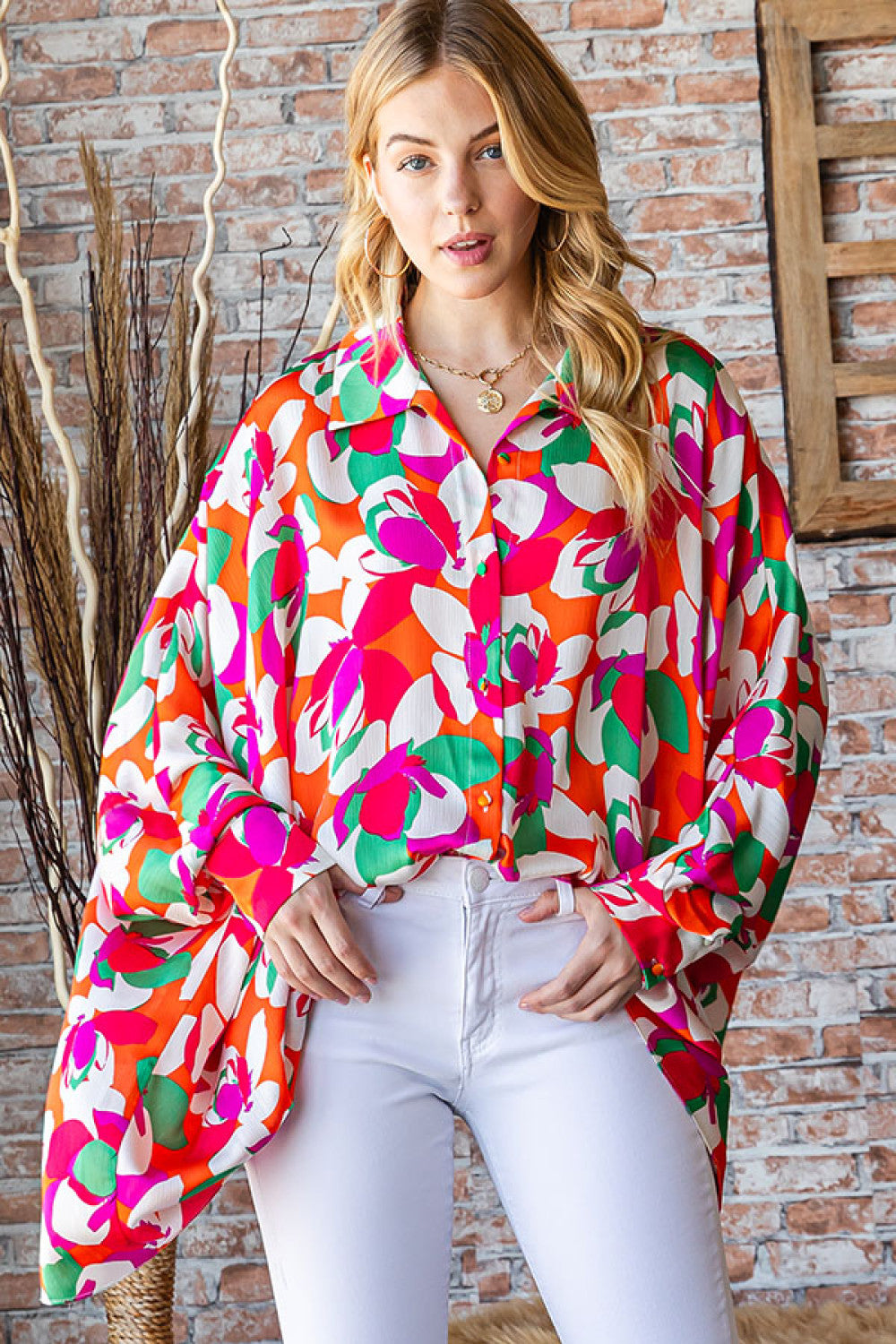 First Love Multicolor Floral Abstract Button-Down Bat Wing Sleeve Top