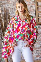 First Love Multicolor Floral Abstract Button-Down Bat Wing Sleeve Top