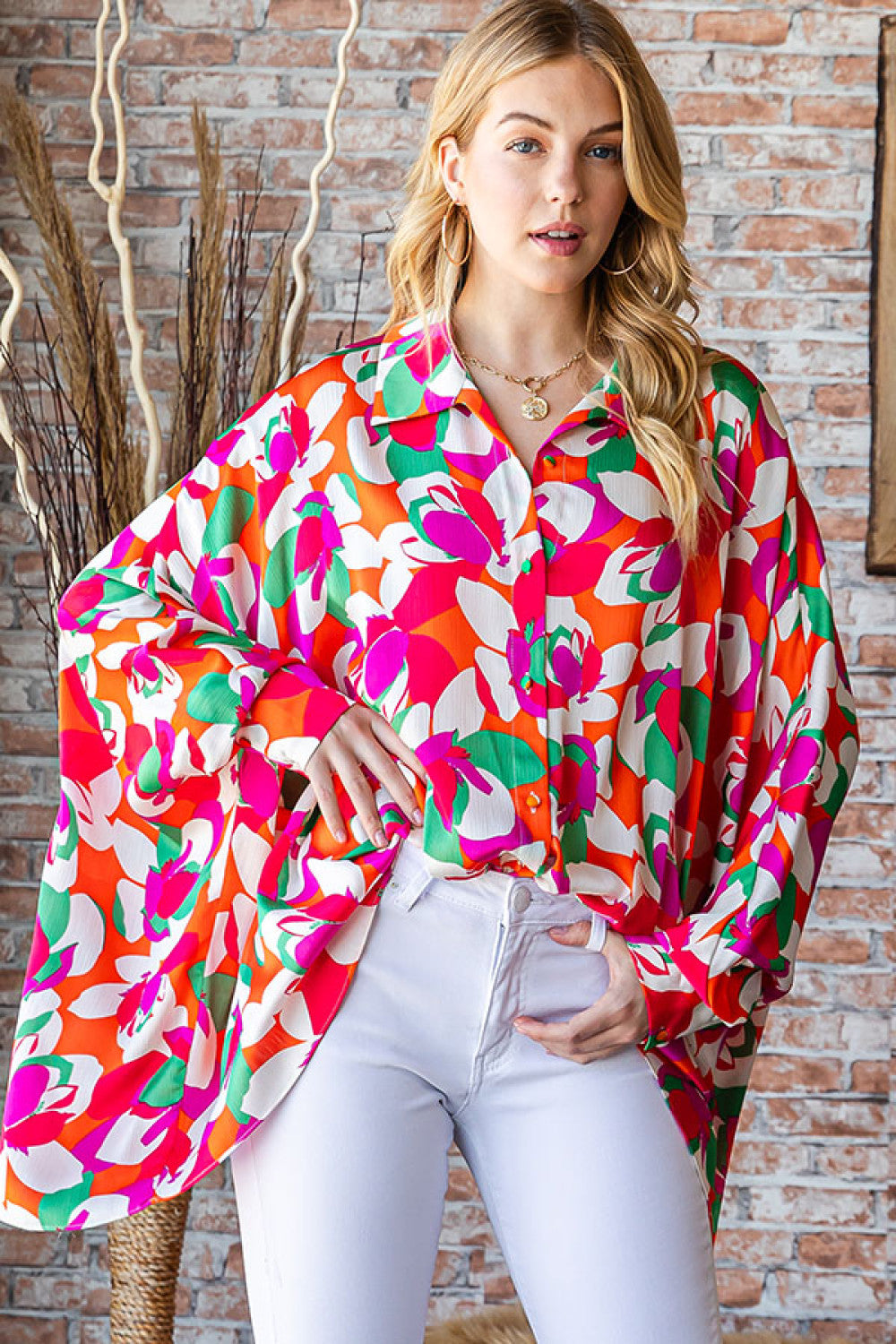First Love Multicolor Floral Abstract Button-Down Bat Wing Sleeve Top