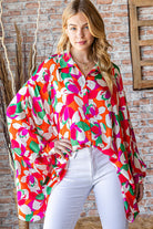 First Love Multicolor Floral Abstract Button-Down Bat Wing Sleeve Top