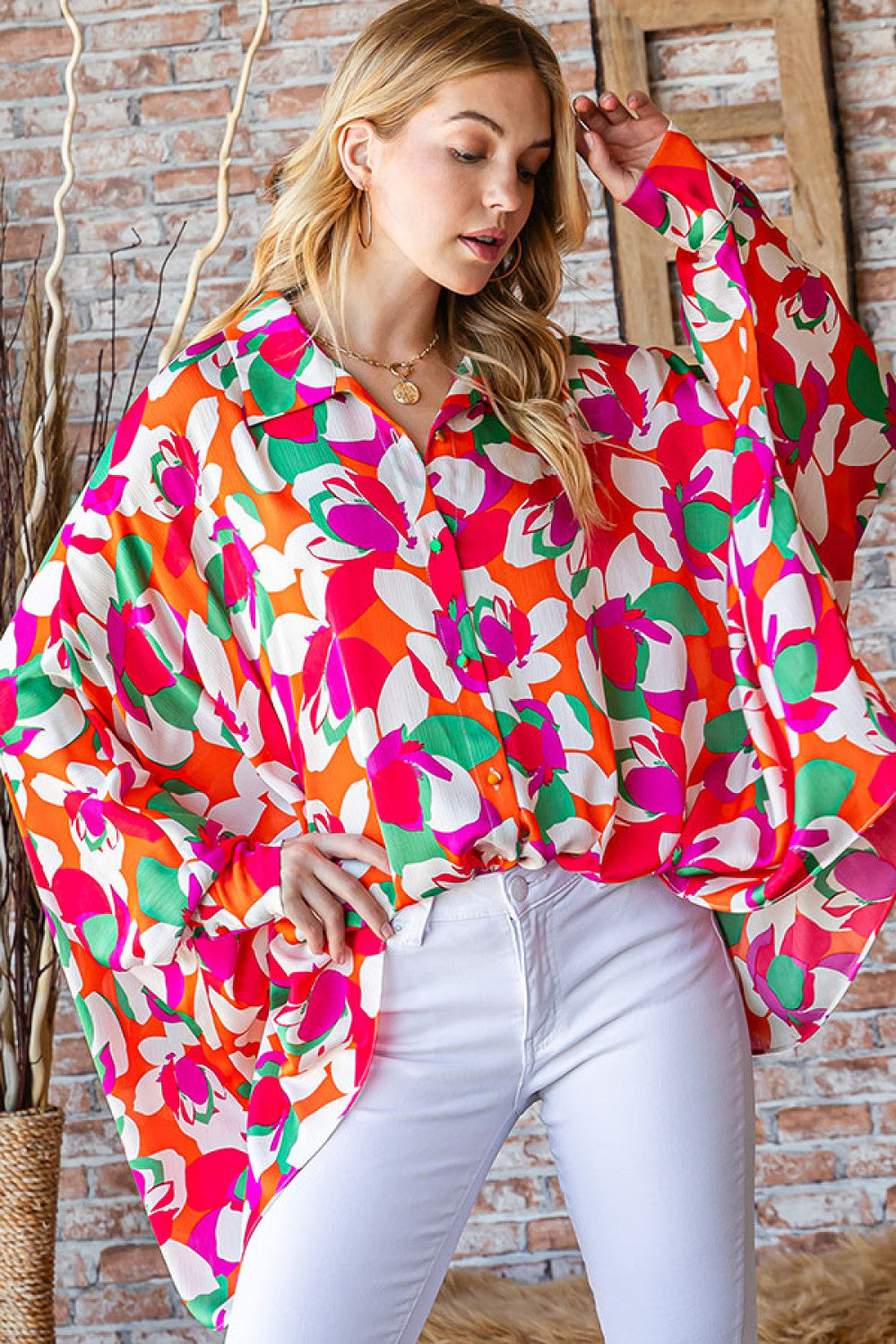 First Love Multicolor Floral Abstract Button-Down Bat Wing Sleeve Top