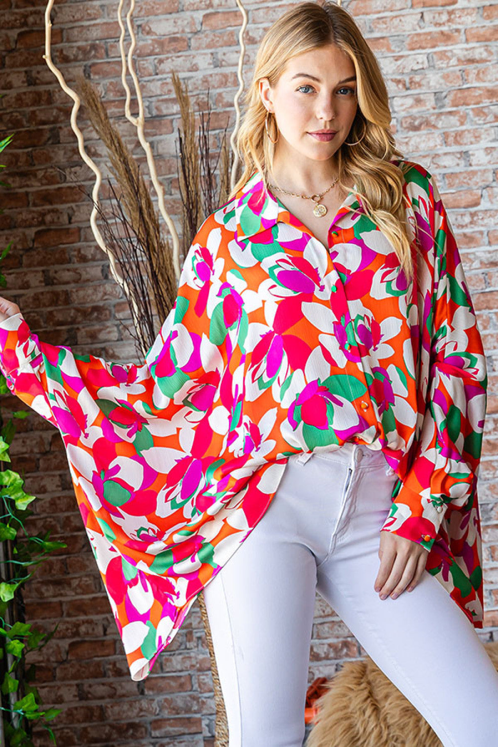 First Love Multicolor Floral Abstract Button-Down Bat Wing Sleeve Top