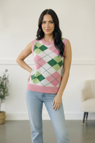 First Love Pink & Green Sugarplum Argyle Sweater Vest Large