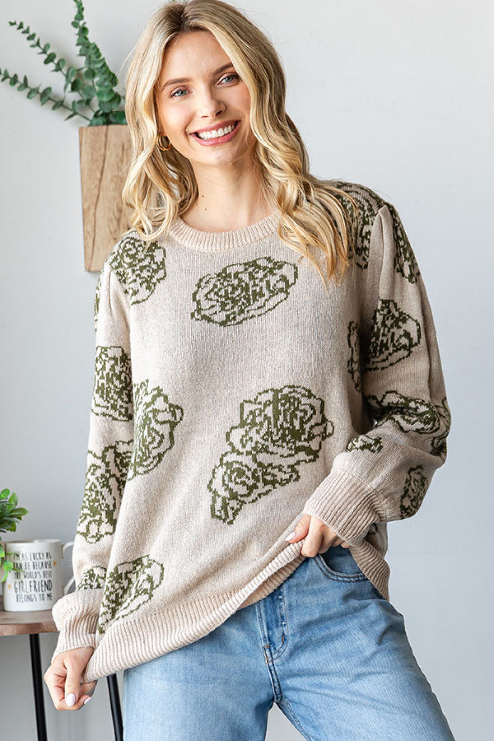 First Love Rose Olive Cozy Long Sleeve Sweater