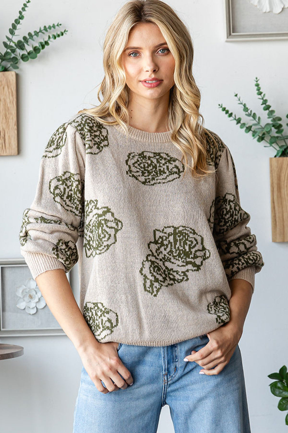 First Love Rose Olive Cozy Long Sleeve Sweater Large