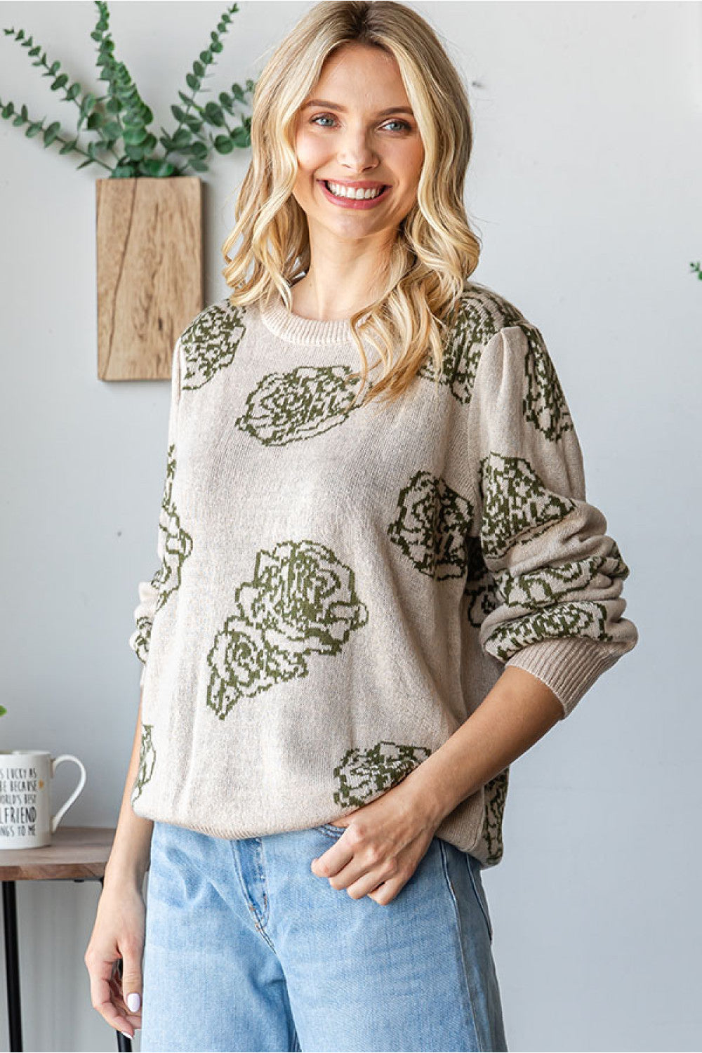 First Love Rose Olive Cozy Long Sleeve Sweater