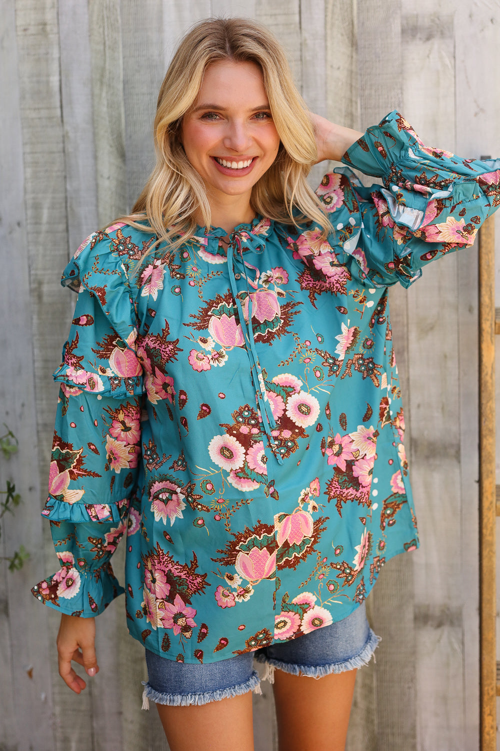 First Love Aqua Satin Frill Neck Front Tie Ruffle Long Sleeve Blouse