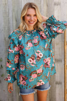 First Love Aqua Satin Frill Neck Front Tie Ruffle Long Sleeve Blouse