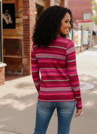 Haptics Magenta Fitted Fit Stripe Herringbone Print Soft Hacci Knit Long Sleeve Top