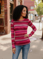 Haptics Magenta Fitted Fit Stripe Herringbone Print Soft Hacci Knit Long Sleeve Top