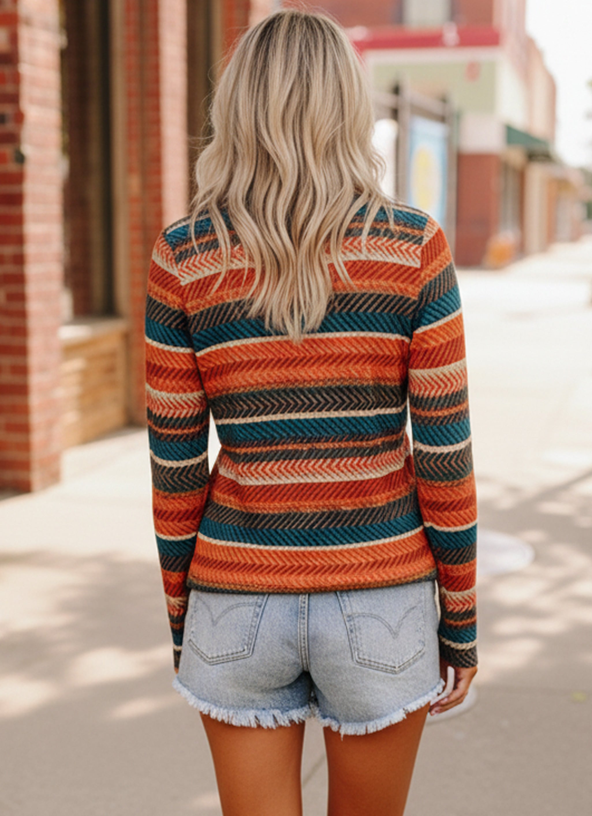 Haptics Rust & Teal Fitted Fit Stripe Herringbone Print Soft Hacci Knit Long Sleeve Top