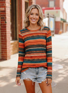 Haptics Rust & Teal Fitted Fit Stripe Herringbone Print Soft Hacci Knit Long Sleeve Top 3XL