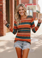 Haptics Rust & Teal Fitted Fit Stripe Herringbone Print Soft Hacci Knit Long Sleeve Top