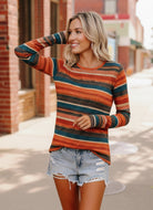 Haptics Rust & Teal Fitted Fit Stripe Herringbone Print Soft Hacci Knit Long Sleeve Top