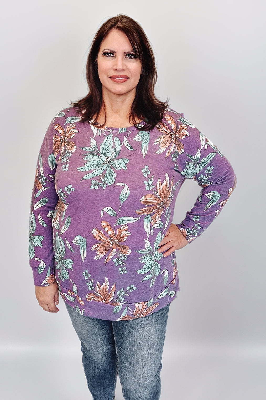 Dear Scarlett Weekend Blooms Purple Floral Long Sleeve Top Shirts & Tops