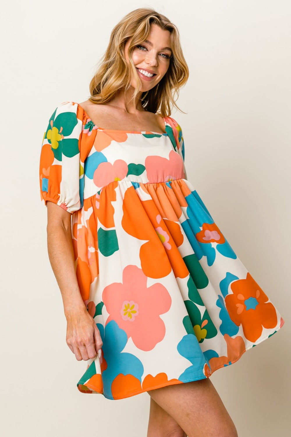 BiBi Orange & Blue Floral Puff Sleeve Mini Dress Trendsi