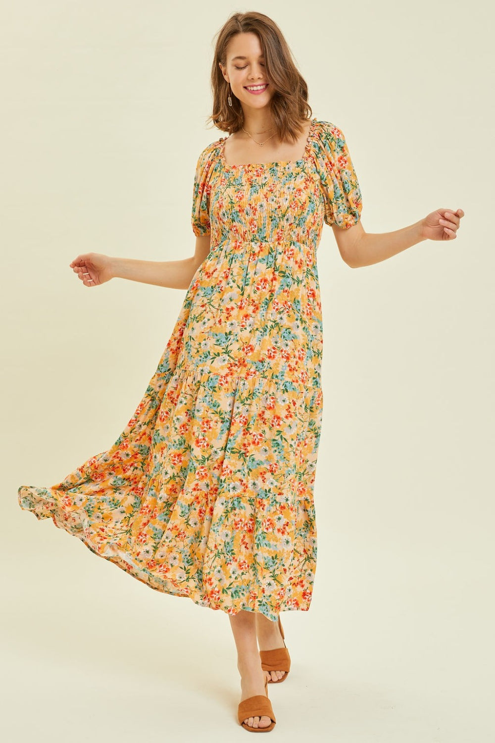 HEYSON Floral Smocked Tiered Midi Peach Dress Trendsi