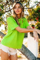 BiBi Neon Green Textured Round Neck Short Sleeve Knit Top Trendsi