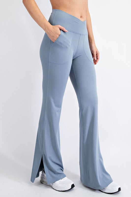 Rae Mode Butter V Waist Flared V Waist Flared Yoga Pants with Pockets Chambray L Rae Mode