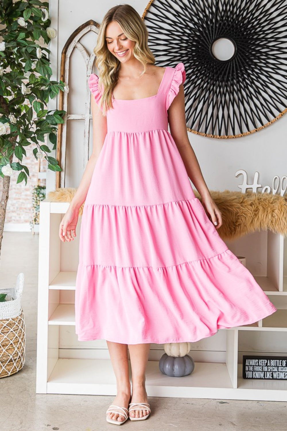 Reborn J Pink Ruffled Sleeveless Tiered Midi Dress Bubble Pink Trendsi